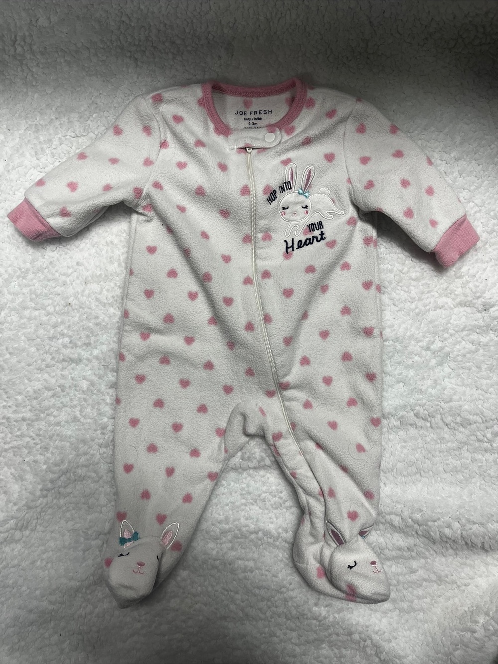 4/25$ Joe Fresh White and Pink Heart Bunny Footed One-Piece